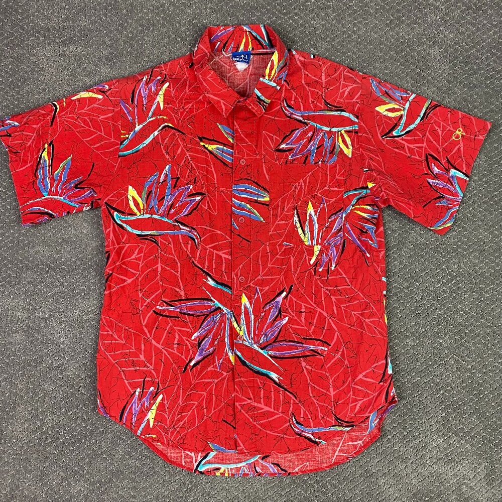 Vintage OP Ocean Pacific Hawaiian Shirt Men's Medium Cotton Red Tropical floral